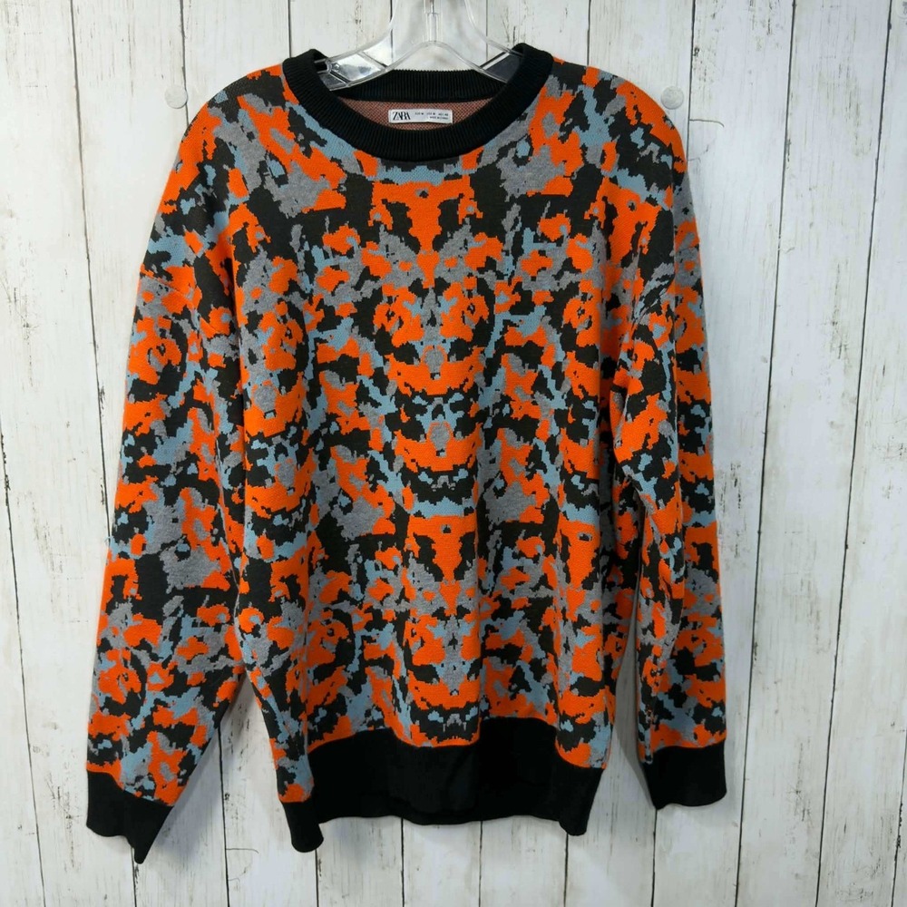 ZARA Women's Abstract Camo Knit Sweater Black Orange Gray Size M